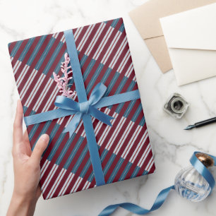 Geometric Burgundy and Dusty Blue Stripe Pattern Wrapping Paper