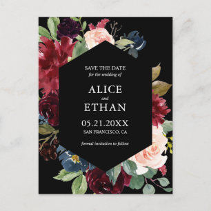 Geometric Burgundy And Navy Blue Save The Date Announcement Postcard