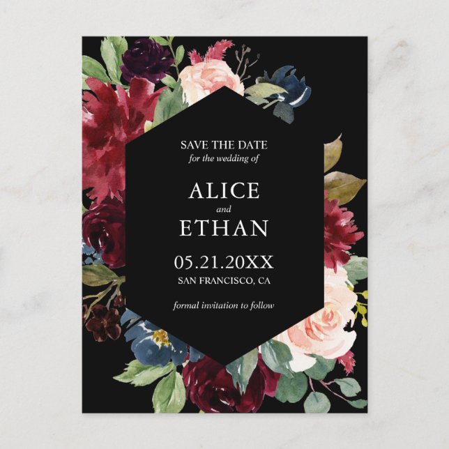 Geometric Burgundy And Navy Blue Save The Date Announcement Postcard (Front)