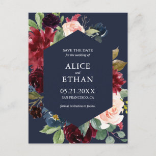 Geometric Burgundy And Navy Blue Save The Date Announcement Postcard