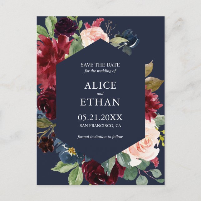 Geometric Burgundy And Navy Blue Save The Date Announcement Postcard (Front)