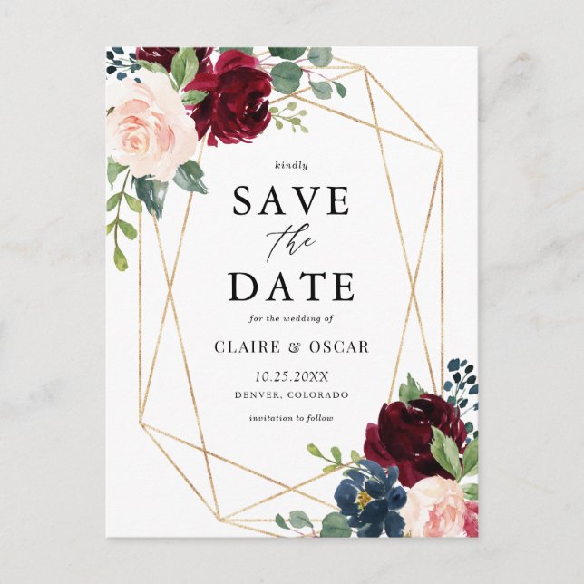 Geometric Burgundy Autumn Flowers Save the Date Announcement Postcard (Front)
