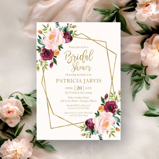 Geometric Burgundy Blush Floral Bridal Shower Invitation (Creator Uploaded)