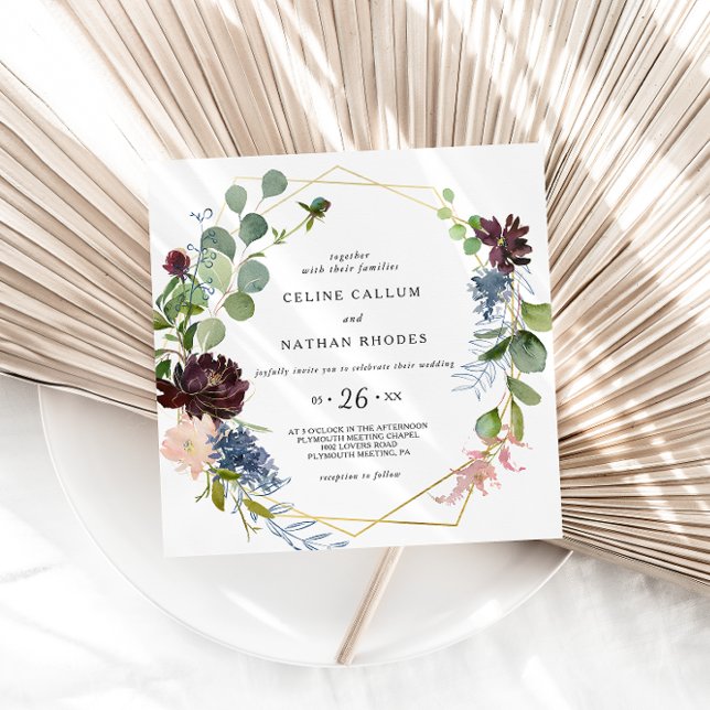 Geometric Burgundy Floral and Greenery Wedding Invitation (Creator Uploaded)