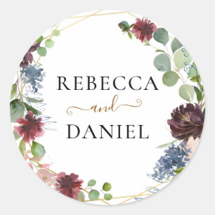 Geometric Burgundy Floral Personalised Wedding Classic Round Sticker