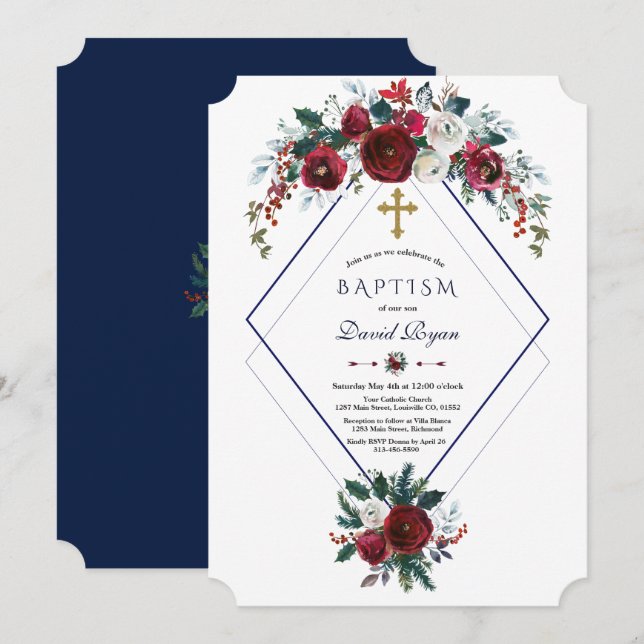 Geometric Burgundy Floral Pine Navy Blue Baptism Invitation (Front/Back)
