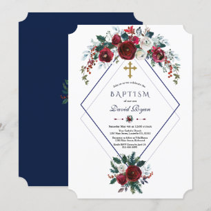 Geometric Burgundy Floral Pine Navy Blue Baptism Invitation