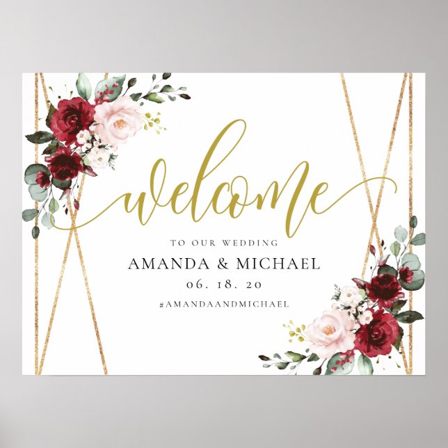 Geometric Burgundy floral  Welcome Wedding Sign (Front)