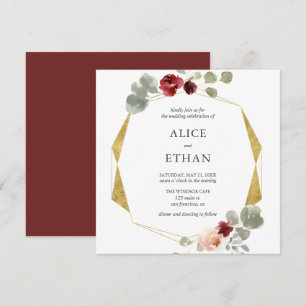 Geometric Burgundy Flower And Greenery Wedding Invitation