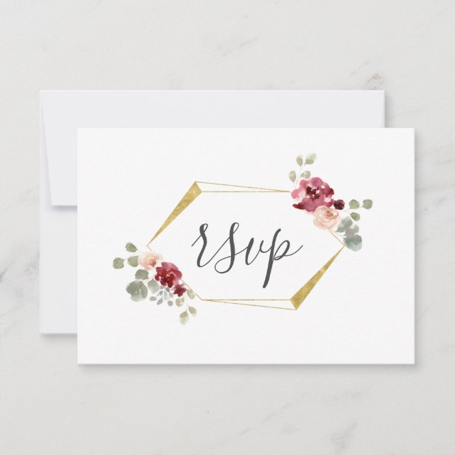 Geometric Burgundy Flower Eucalyptus Wedding RSVP Card (Front)