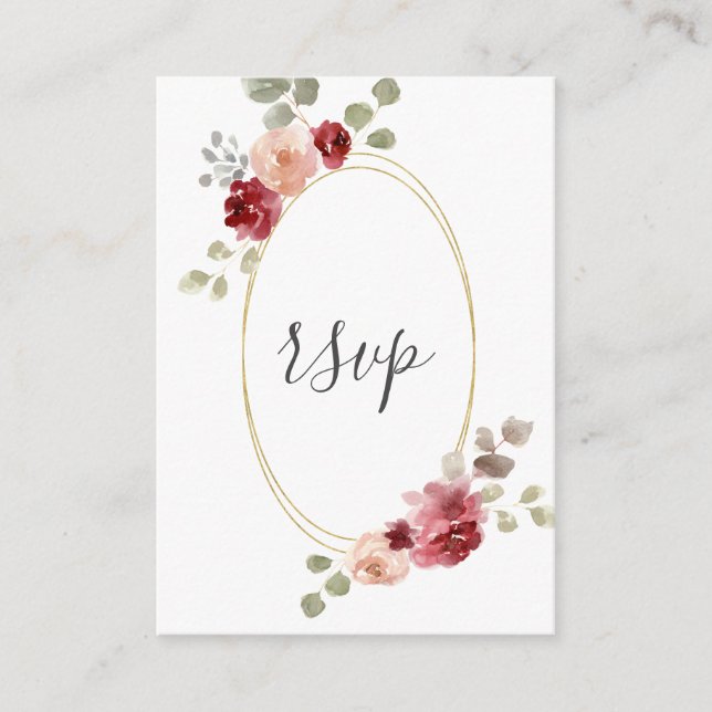 Geometric Burgundy Flower Eucalyptus Wedding RSVP Enclosure Card (Front)