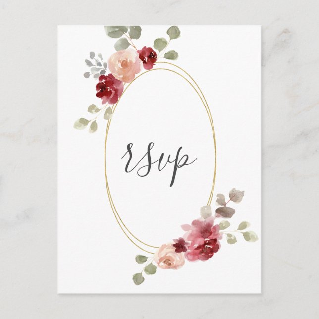 Geometric Burgundy Flower Eucalyptus Wedding RSVP Invitation Postcard (Front)
