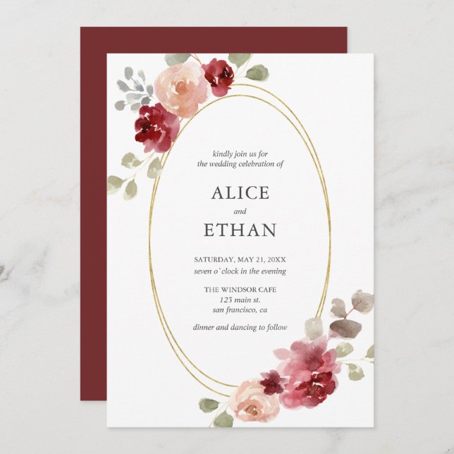 Geometric Burgundy Flower Greenery Wedding Invitation (Front/Back)