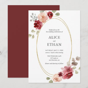 Geometric Burgundy Flower Greenery Wedding Invitation