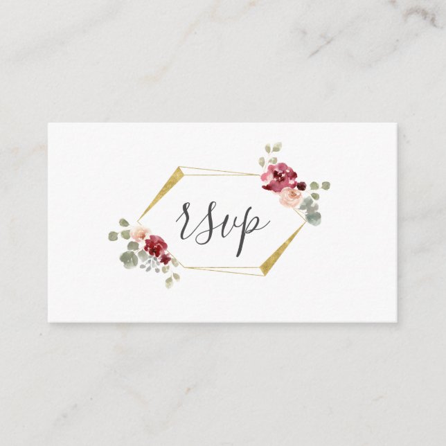 Geometric Burgundy Flower Greenery Wedding RSVP Enclosure Card (Front)