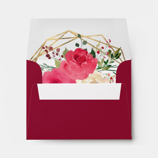 Geometric Burgundy Gold Floral Wedding RSVP Return Envelope (Back (Bottom))
