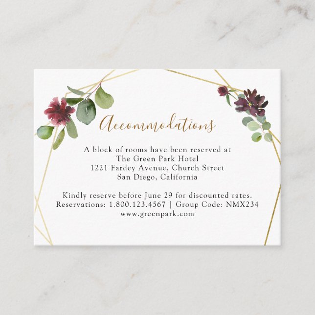 Geometric Burgundy Navy Florals Accommodations Enclosure Card (Front)