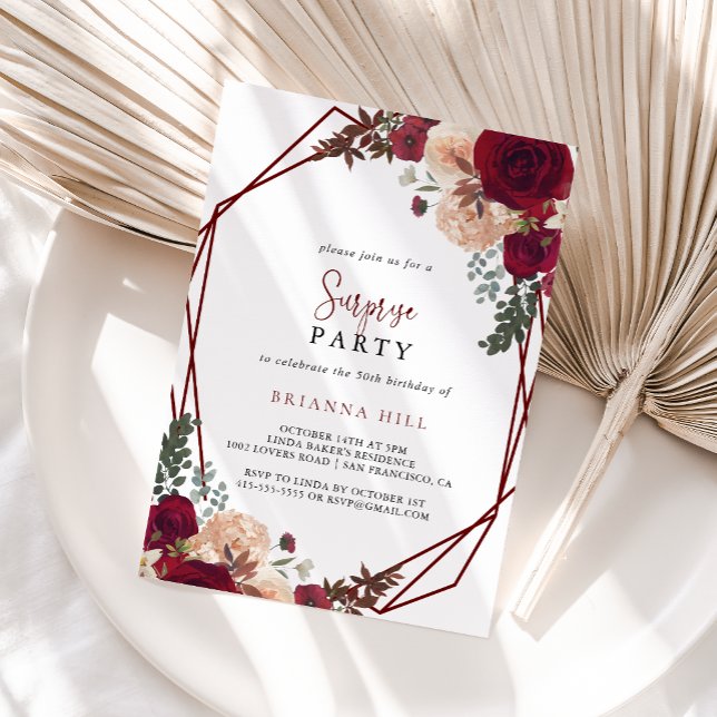 Geometric Burgundy Pink Floral Surprise Party  Invitation (Creator Uploaded)