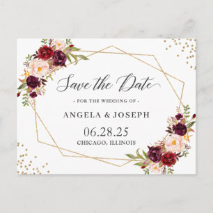 Geometric Burgundy Red Floral Save the Date Postcard