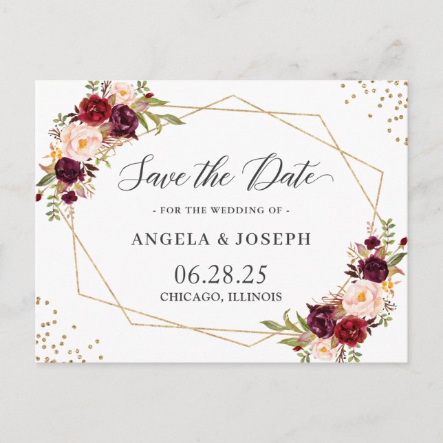 Geometric Burgundy Red Floral Save the Date Postcard (Front)