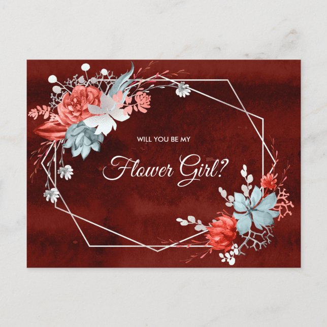 Geometric Burgundy Silver Floral Be My Flower Girl Postcard (Front)