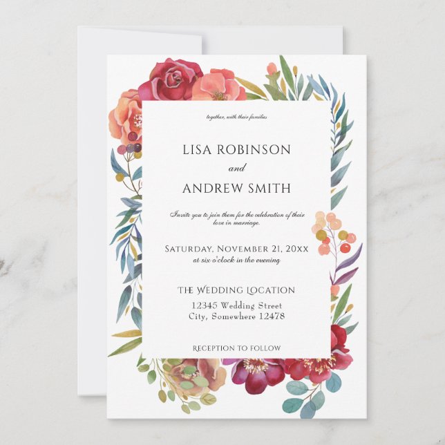 Geometric Burgundy Tropical Floral Wedding- White Invitation (Front)