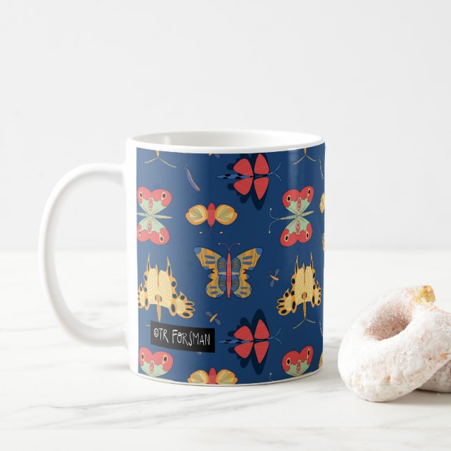 Geometric butterflies on blue coffee mug (With Donut)