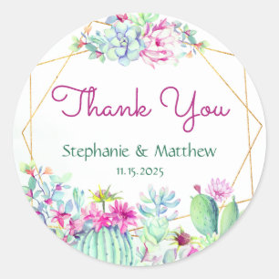 Geometric Cactus Succulent Wedding Thank You Classic Round Sticker