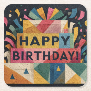 Geometric Cake Vibrant Abstract Birthday Design Square Paper Coaster