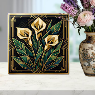 Geometric Calla Lily Art Deco Floral Gold Green  Tile