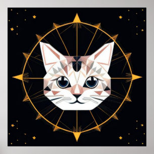 Geometric Cat Art With Gold Stars For Modern Decor