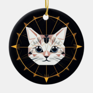 Geometric Cat Design Surrounded by Gold Stars Ceramic Tree Decoration