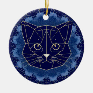 Geometric Cat Design Surrounded by Gold Stars Ceramic Tree Decoration