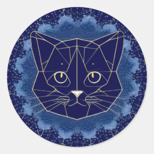 Geometric Cat Design Surrounded by Gold Stars Classic Round Sticker