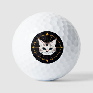 Geometric Cat Design Surrounded by Gold Stars Golf Balls
