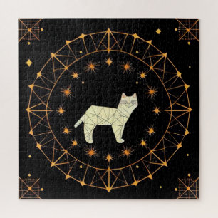 Geometric Cat Design Surrounded by Gold Stars Jigsaw Puzzle