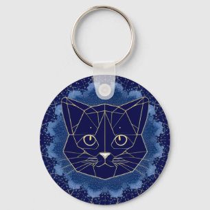 Geometric Cat Design Surrounded by Gold Stars Key Ring