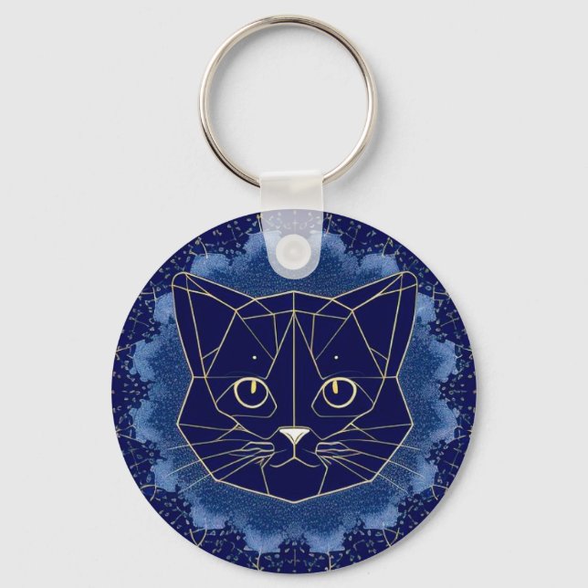 Geometric Cat Design Surrounded by Gold Stars Key Ring (Front)