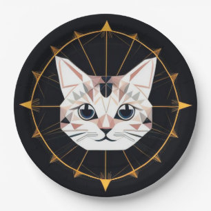 Geometric Cat Design Surrounded by Gold Stars Paper Plate