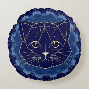 Geometric Cat Design Surrounded by Gold Stars Round Cushion