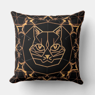 Geometric Cat Design with Gold Lines Cushion