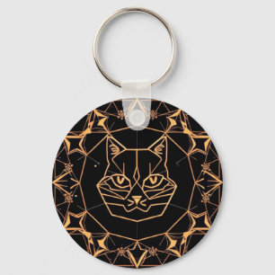 Geometric Cat Design with Gold Lines Key Ring