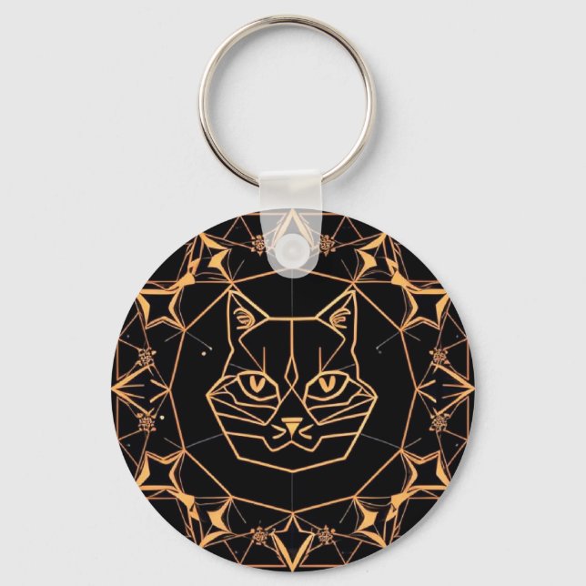 Geometric Cat Design with Gold Lines Key Ring (Front)