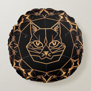 Geometric Cat Design with Gold Lines Round Cushion