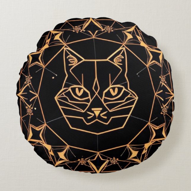 Geometric Cat Design with Gold Lines Round Cushion (Front)