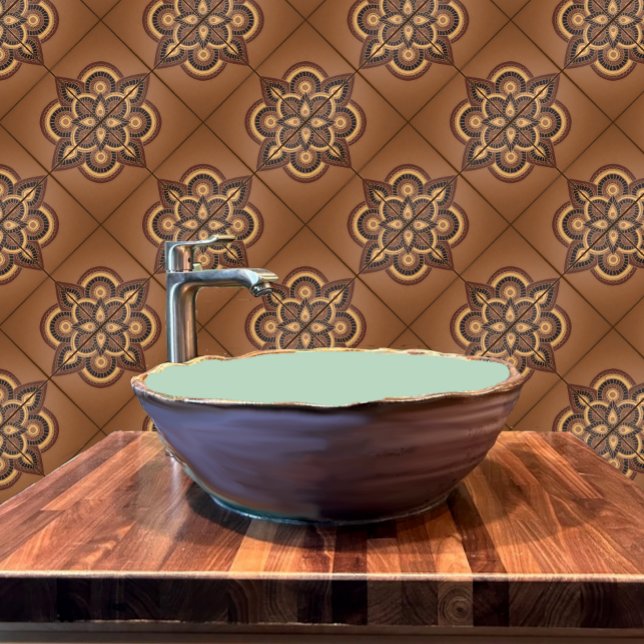 Geometric Ceramic tile with terracotta look (Terracotta tile shown in a rustic bathroom.)