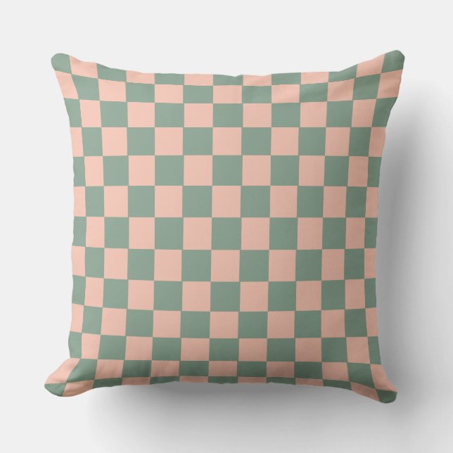 Geometric Checkerboard Pattern Sage Green Pink Cushion (Front)