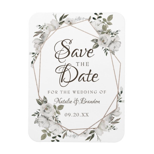 Geometric Cherish White Floral Save the Date Magnet (Vertical)