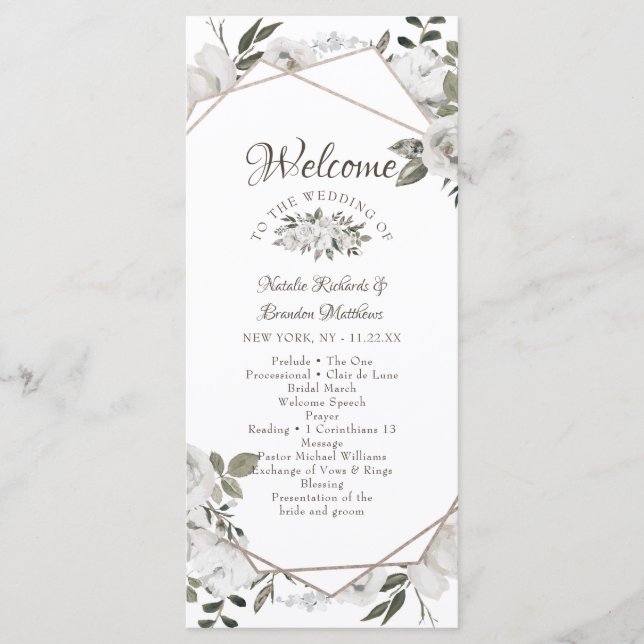 Geometric Cherish White Floral Wedding Ceremony Programme (Front)