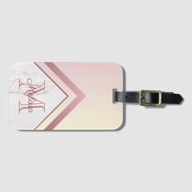 Geometric Chevron Rose Gold Marble Monogram Luggage Tag (Front Horizontal)